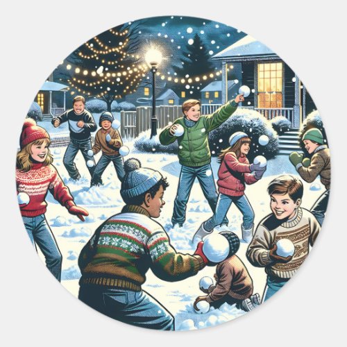 Nostalgic Winter Scene  Childrens Snowball Fight Classic Round Sticker