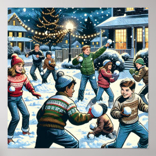 Nostalgic Winter Scene Children's Snowball Fight Poster