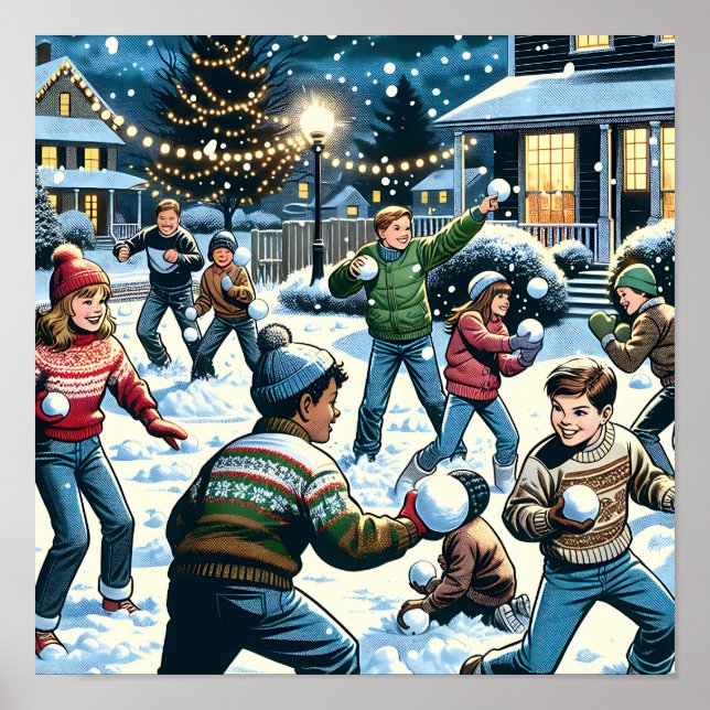 Nostalgic Winter Scene | Children's Snowball Fight Poster (Front)