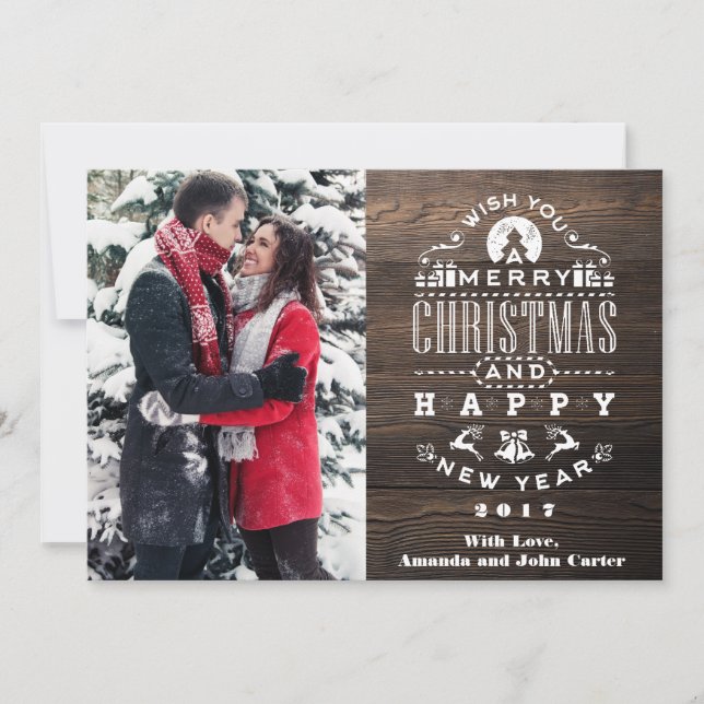 Nostalgic WOOD Christmas Greetings Vertical Photo Holiday Card (Front)