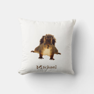 Nosy red squirrel in snow add a name throw pillow
