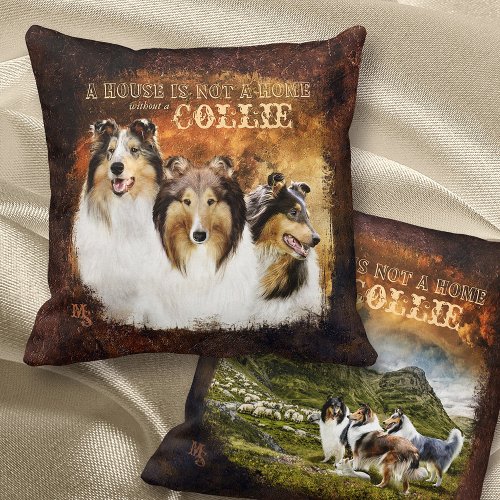 Not a Home wo Collies Portrait  Scene Rustic _ Throw Pillow