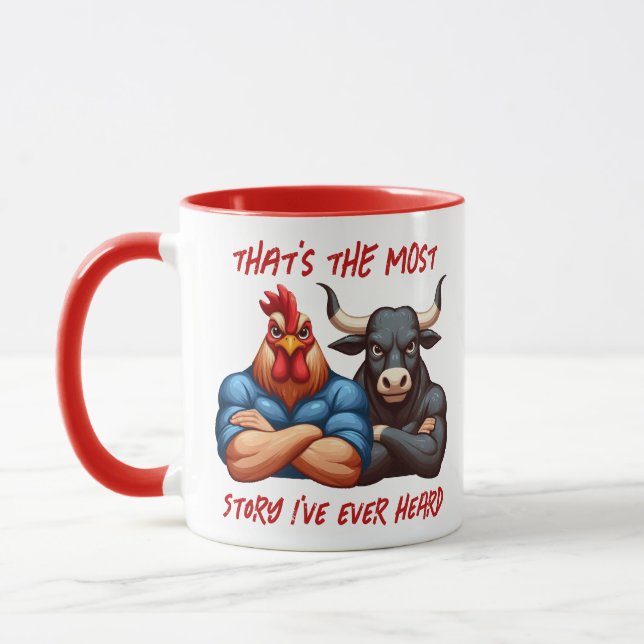 Not Amused Rooster and Ox Folded Arms Stare Mug (Left)