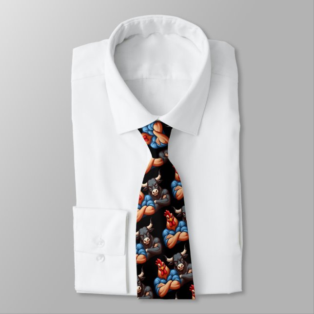 Not Amused Rooster and Ox Folded Arms Stare Neck Tie (Tied)