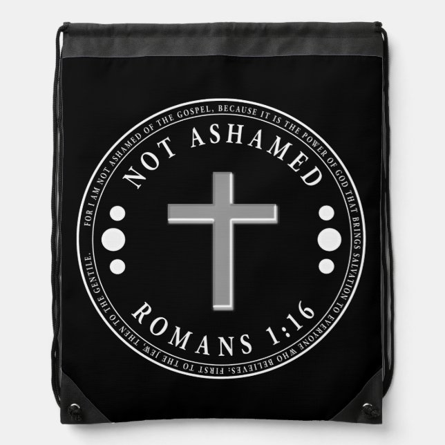 Not Ashamed of the Gospel Christian Verse Drawstring Bag (Front)