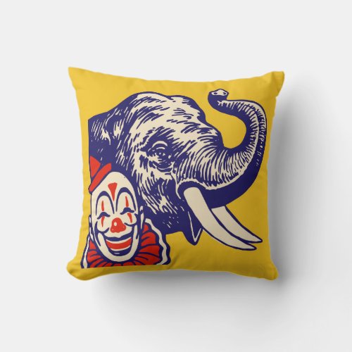 Not At All Frightening Circus Clown and Elephant Throw Pillow