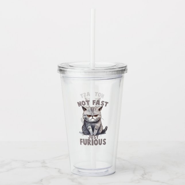 Not Fast, Just Furious – Gray Cat Humor Acrylic Tumbler (Front)