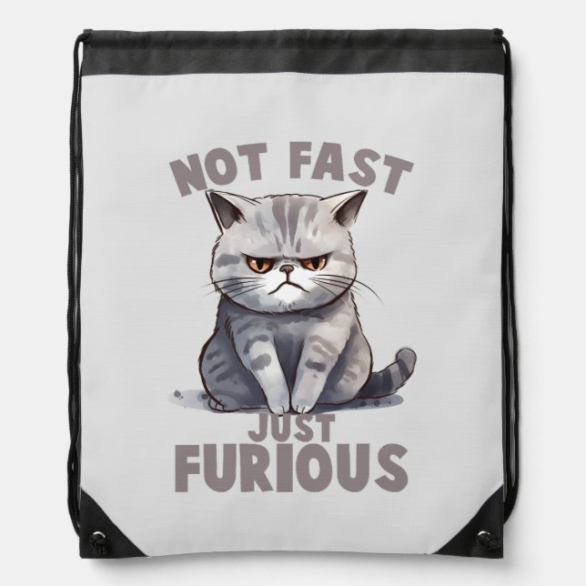 Not Fast, Just Furious – Gray Cat Humor Drawstring Bag (Front)