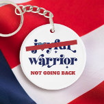 Not Going Back Warrior Type USA Flag Heart White Keychain<br><div class="desc">No more “Joyful Warrior”. Not going back. Not my president. Take a stand and support democracy and your fellow women with this graphic, patriotic acrylic keychain. Whimsical navy blue calligraphy typography, a red “no” bar and a rustic wood American flag heart overlay a clean white background. Change the copy if...</div>