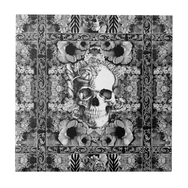 Not here, ornate skull and poppies pattern ceramic tile (Front)