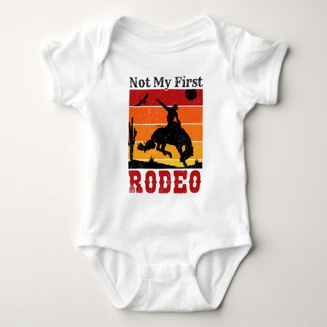 Not My First Rodeo Cowboy Cowgirl Horse Sunset Baby Bodysuit (Front)