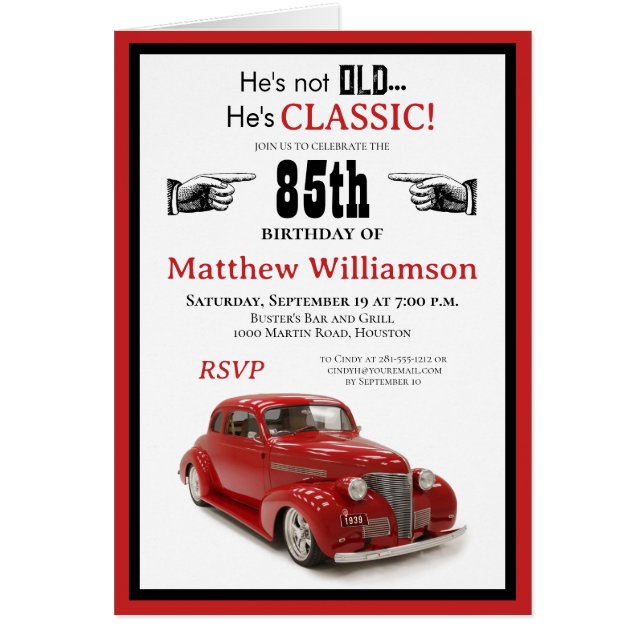 Not Old, Classic Red Coupe 85th Birthday w Details (Front)