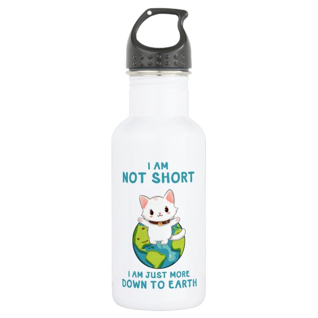 Not Short, Just Down to Earth – Cat Humor Stainless Steel Water Bottle (Front)