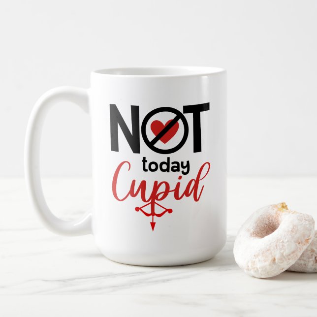 Not today Cupid anti-valentine red heart bow arrow Coffee Mug (With Donut)