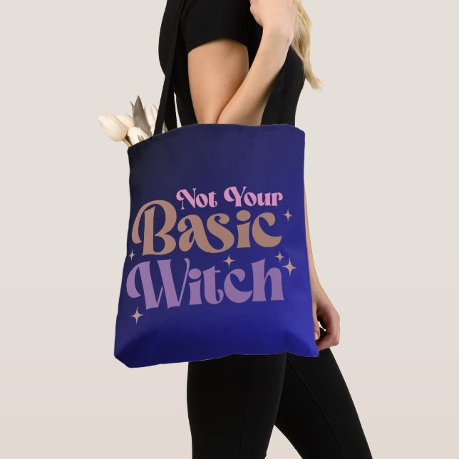Not Your Basic Witch Blue Ombre Gradient Halloween Tote Bag (Close Up)