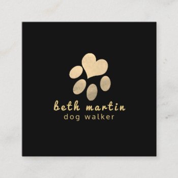 Notably  Cute Paws Prints N Heart  Black Gold Square Business Card by 911business at Zazzle