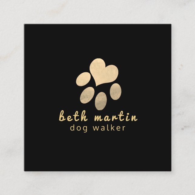 Notably  Cute Paws Prints N Heart  Black Gold Square Business Card (Front)