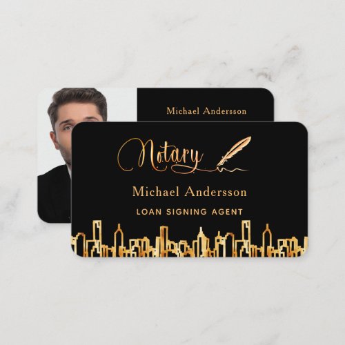 Notary agent black gold skyline QR code photo Business Card