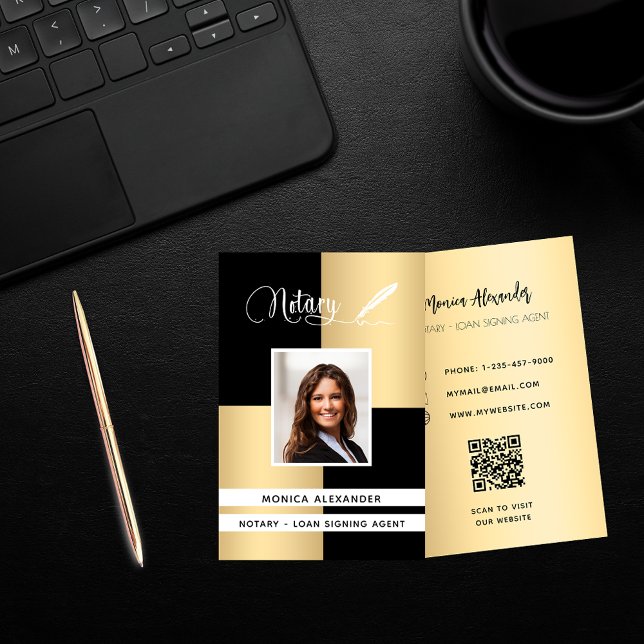 Notary black gold photo QR code loan signing agent Business Card (Creator Uploaded)