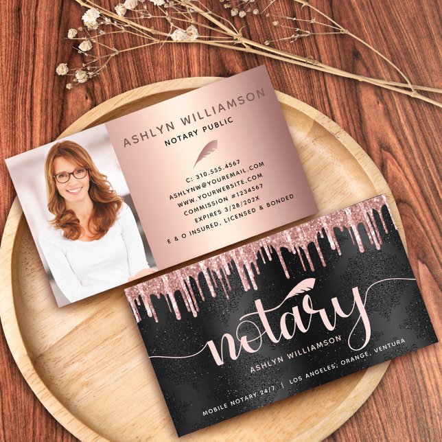 Notary Black Pink Glitter Photo Loan Agent Script Business Card (Creator Uploaded)