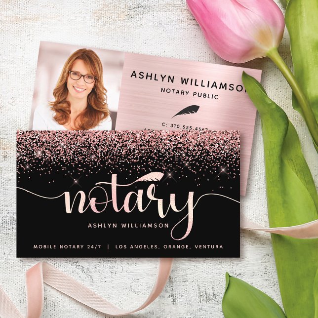 Notary Black Pink Glitter Photo Loan Signing Agent Business Card (Creator Uploaded)