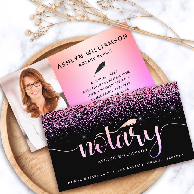 Notary Black Pink Purple Glitter Loan Agent Photo Business Card (Creator Uploaded)