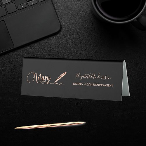 Notary black rose gold elegant name office table tent sign