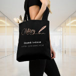 Notary black rose gold signing pen name tote bag<br><div class="desc">A black background decorated with a rose gold signature signing pen.  Elegant hand lettered style script.  Personalize and add Your name,  text, </div>