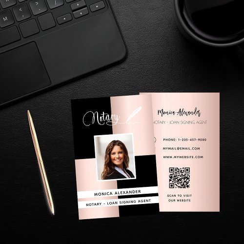 Notary black rose photo QR code loan signing agent Business Card