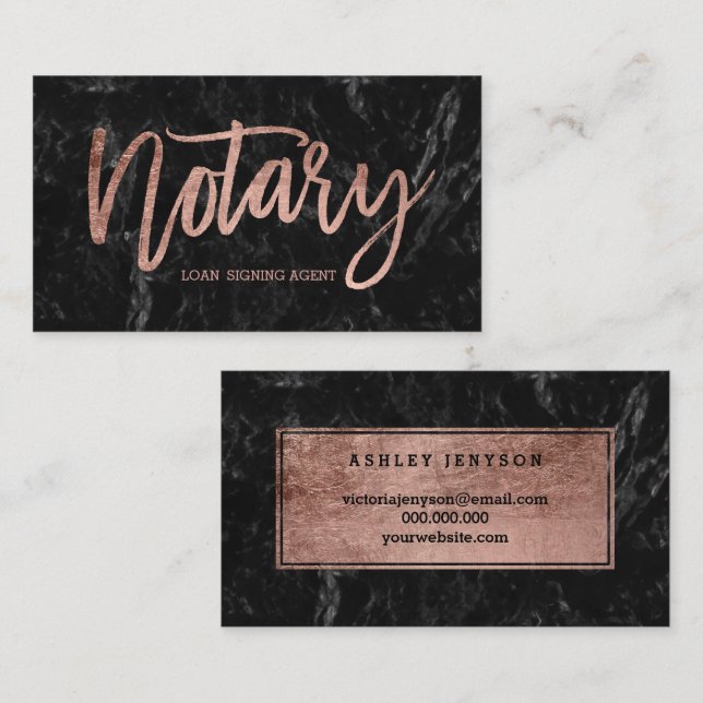 Notary broker rose gold typography black marble business card (Front/Back)