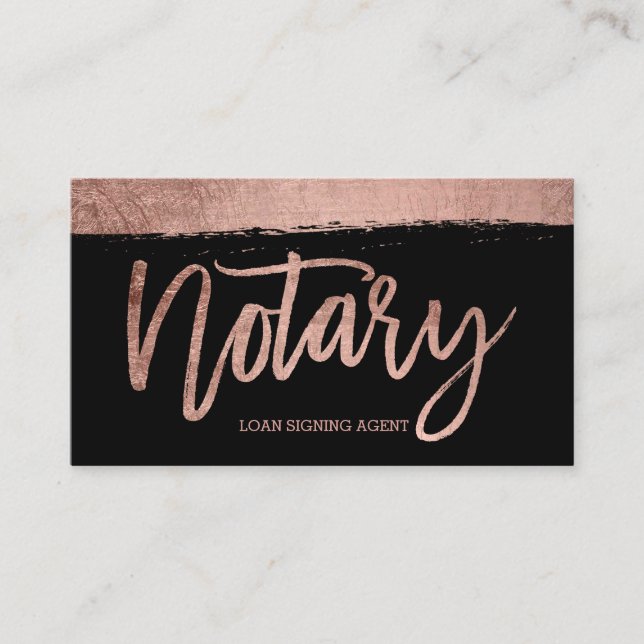 Notary brush rose gold typography black business card (Front)