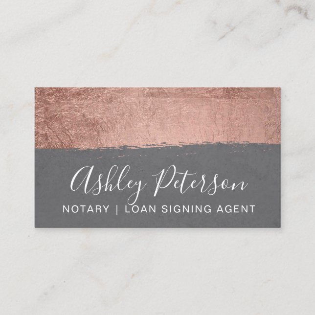 Notary chic typography grey rose gold brushstroke business card (Front)