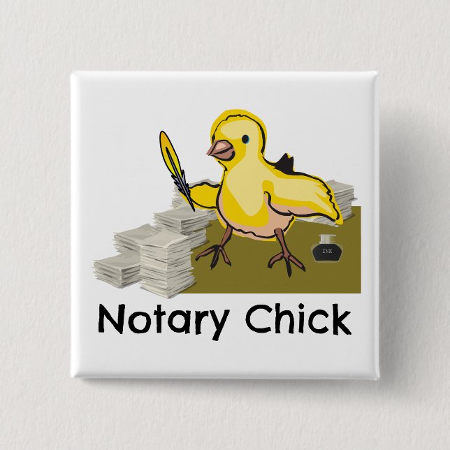 Notary Chick Yellow Feather Quill and Documents Button (Front)