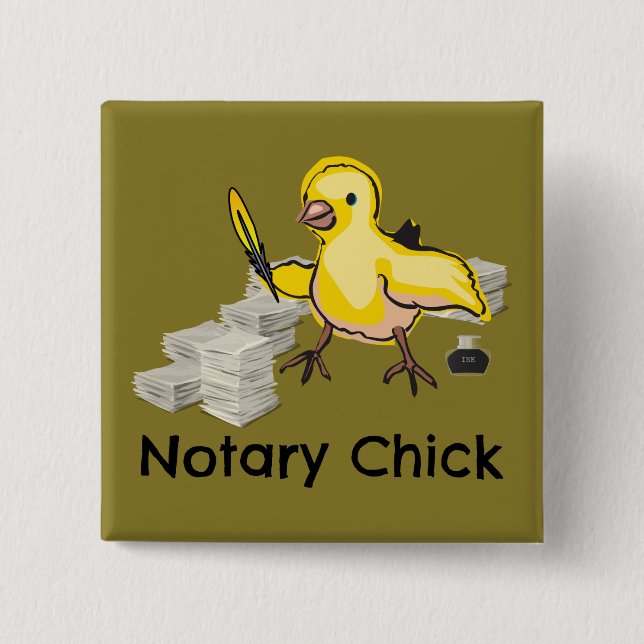Notary Chick Yellow Feather Quill and Documents Button (Front)
