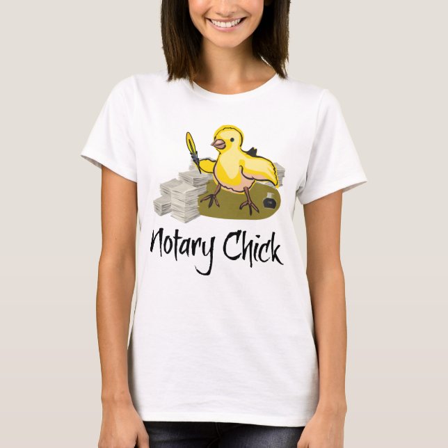 Notary Chick Yellow Feather Quill and Documents T-Shirt (Front)