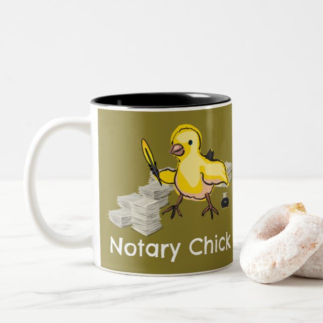 Notary Chick Yellow Feather Quill and Documents Two-Tone Coffee Mug (With Donut)