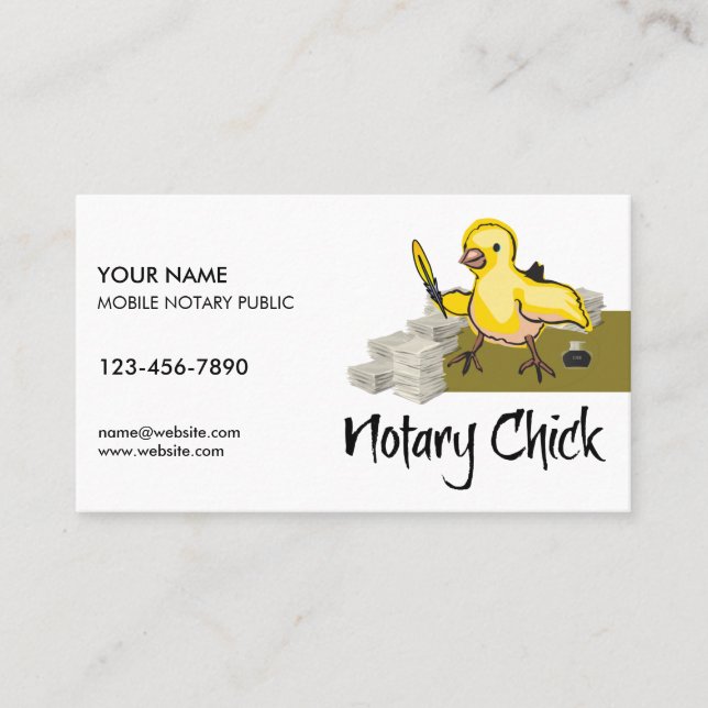 Notary Chick Yellow Feather Quill Customized Business Card (Front)
