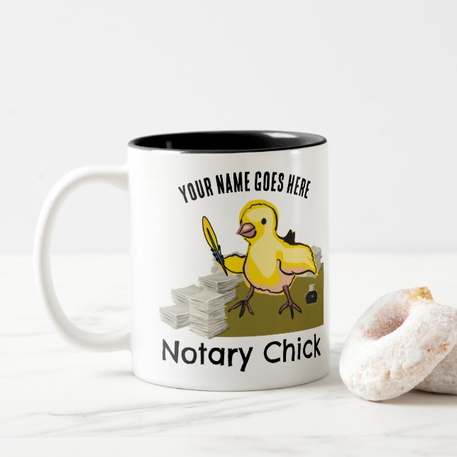 Notary Chick Yellow Feather Quill Customized Name Two-Tone Coffee Mug (With Donut)