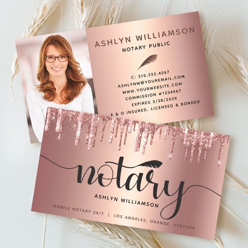 Notary Copper Pink Glitter Photo Loan Agent Script Business Card