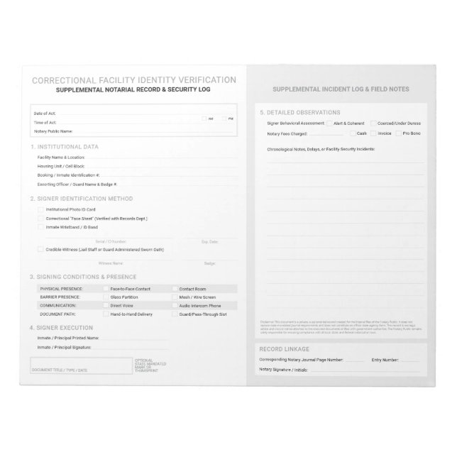 Notary Correctional Identity Verification Sheet Notepad (Front)