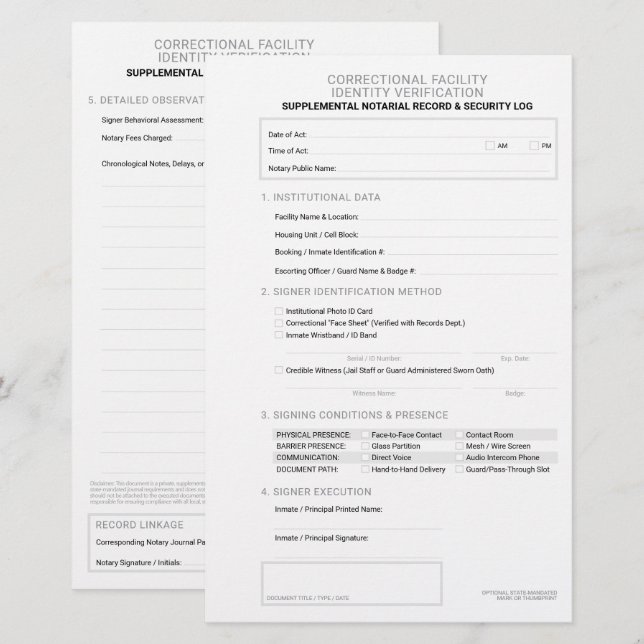 Notary Correctional Identity Verification Sheet Stationery (Front/Back)