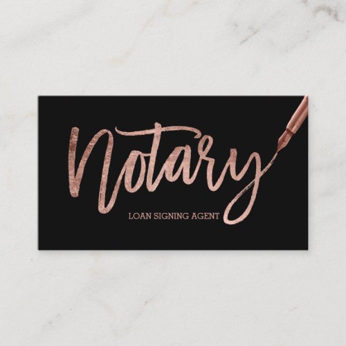 Notary elegant rose gold typography black pen business card