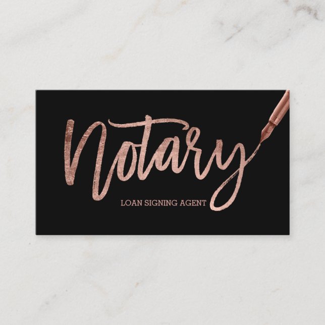 Notary elegant rose gold typography black pen business card (Front)