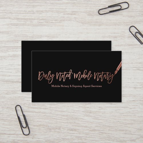 Notary elegant rose gold typography black pen logo business card