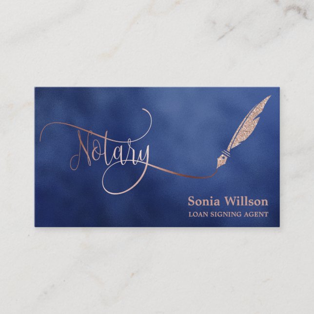 Notary elegant rose gold typography feather pen bu business card (Front)
