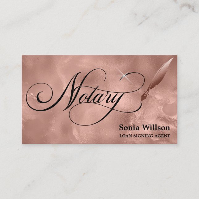 Notary elegant rose gold typography feather pen bu business card (Front)