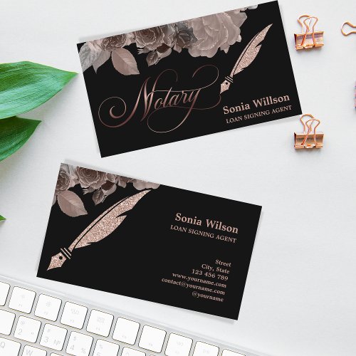 Notary elegant rose gold typography feather pen business card