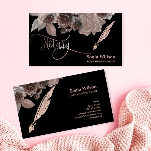 Notary elegant rose gold typography feather pen business card