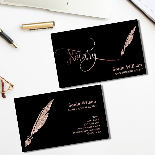 Notary elegant rose gold typography feather pen business card (Creator Uploaded)