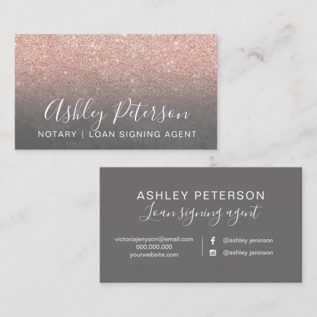 Notary elegant typography grey rose gold glitter business card (Front/Back)